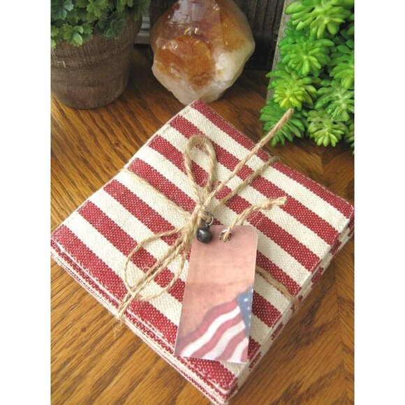 New Rustic American Red & White Stripe Fabric Coasters Set of 6 w/ Flag Tag - Picture 3 of 9